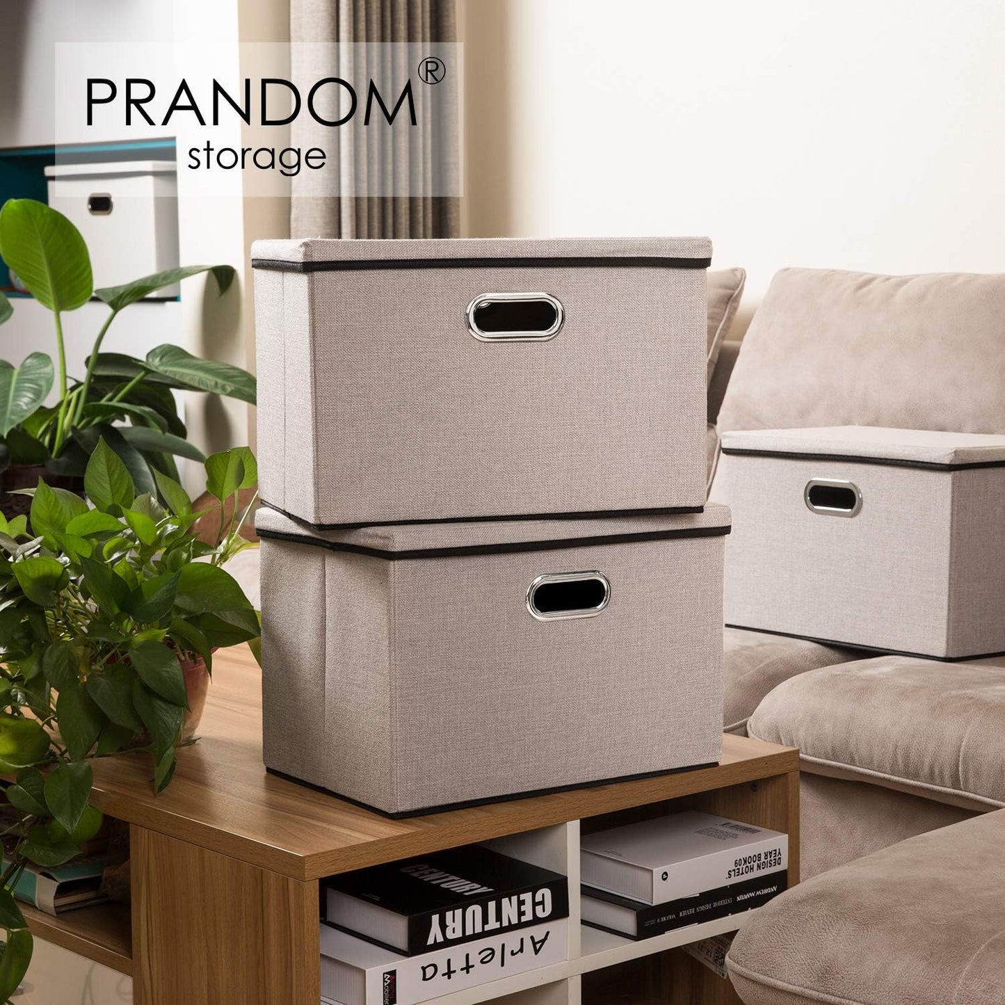 PRANDOM Large Foldable Storage Bin with Lid [1-Pack] Linen Fabric Decorative Storage Box Organizer Containers Basket Cube with Handles Divider for Bedroom Closet Office Living Room (17.7x11.8x11.8")