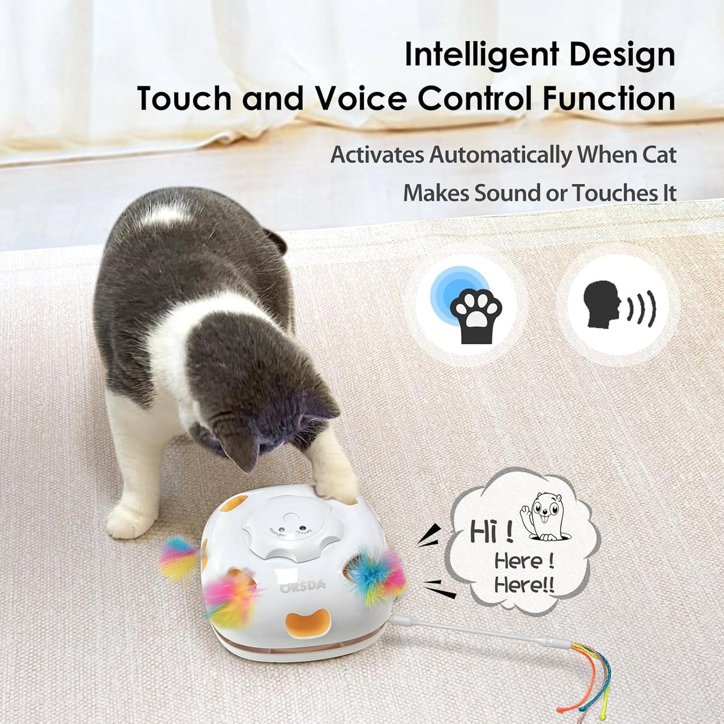 ORSDA Cat Toys Interactive, 4 in 1 Automatic Cat Toy, Hide and Seek, Whack a Mole, Magic Wand, Chasing Feather, with 4 Replacements, USB Rechargeable, for All Breed Sizes