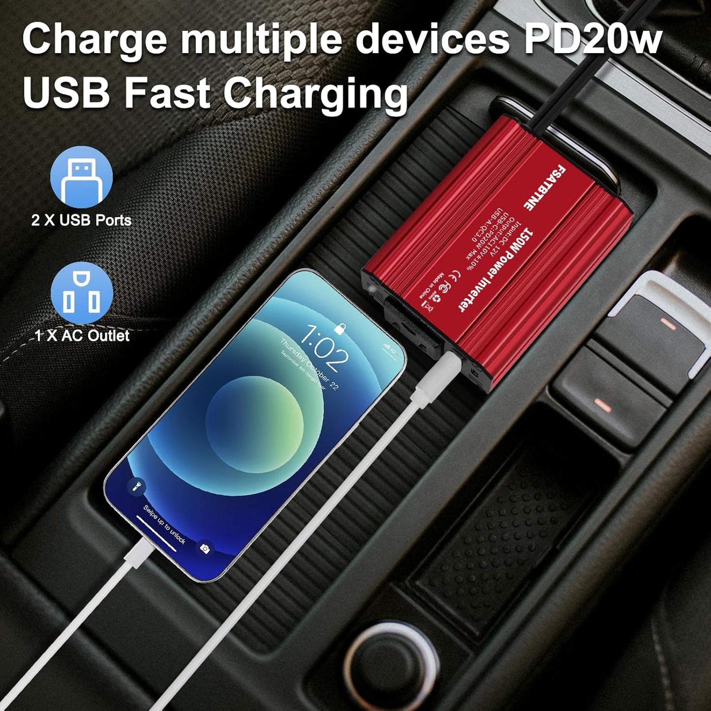 FSATBTNE 400W Power Inverter 12V DC to 110V AC Car Plug Adapter Outlet Converter with [65W PD USB-C] & [18W QC USB-A] Fast Charging Ports and 2 AC Outlets Car Power Inverters for Vehicles