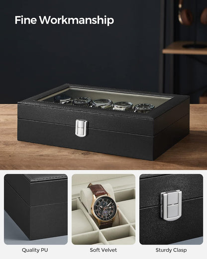 SONGMICS Watch Box, 6-Slot Watch Case, Watch Box Organizer, Black Synthetic Leather, Greenish Gray Lining UJWB06BK