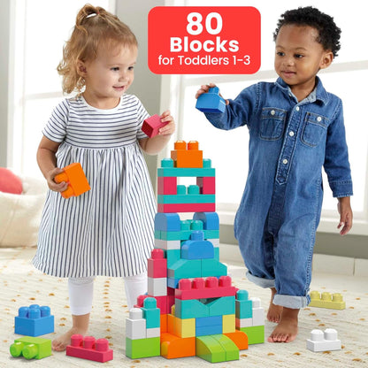 MEGA BLOKS First Builders Toddler Blocks Toys Set, Big Building Bag with 80 Pieces and Storage, Blue, Ages 1+ Years