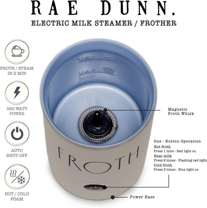 Rae Dunn - Electric Milk Frother - Elegant Automatic Milk Steamer and Frother, Milk Warmer, Hot and Cold Frothing Machine for Coffee, Latte, Cappuccino, Macchiato,