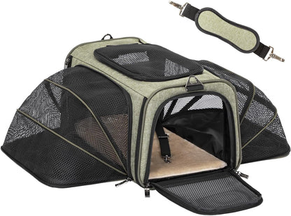 Petsfit Expandable Cat Dog Carrier Airline Approved, 17" L x 11" W x 11" H Soft-Sided Portable Pet Travel Carrier for Kitten, Puppy, Removable Soft Plush Mat and Pockets, Auto-Locking Zippers