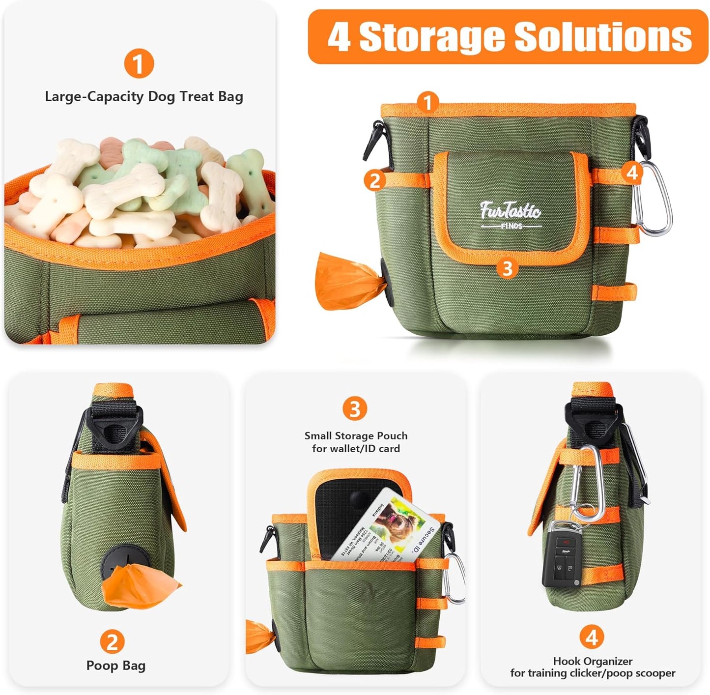 FurtasticFinds Dog Treat Pouch with Quick-Release Magnetic Closure, 3-Way Wear Treat Bags, 900D Waterproof Fabric, 4 Storage Spaces, Treat Pouch for Pet Training Walking (Green)