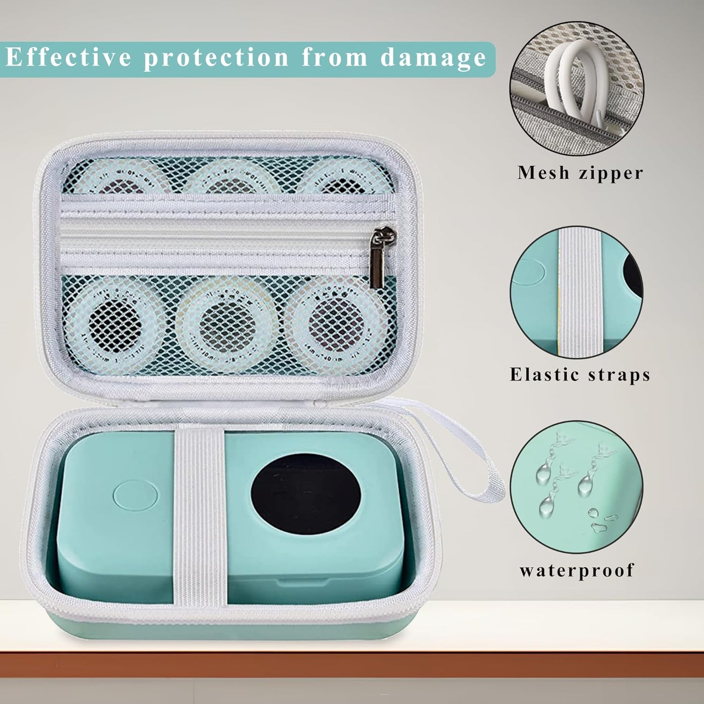 TUGUAI Label Maker Case Compatible with NiiMbot D11 D110 SUPVAN E10 Phomemo D30 Nelko P21 Label Printer, Hard Carrying Container Storage Holder Organizer for Tape Roll, Charging Cable, Green