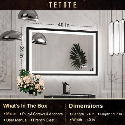 TETOTE 28x36 LED Mirror for Bathroom Black Metal Frame Frontlit & Backlit Lighted Vanity Mirror Baroque Gothic Anti Fog Stepless Dimmable White/Warm/Natural,Wall Mounted(Horizontal/Vertical)