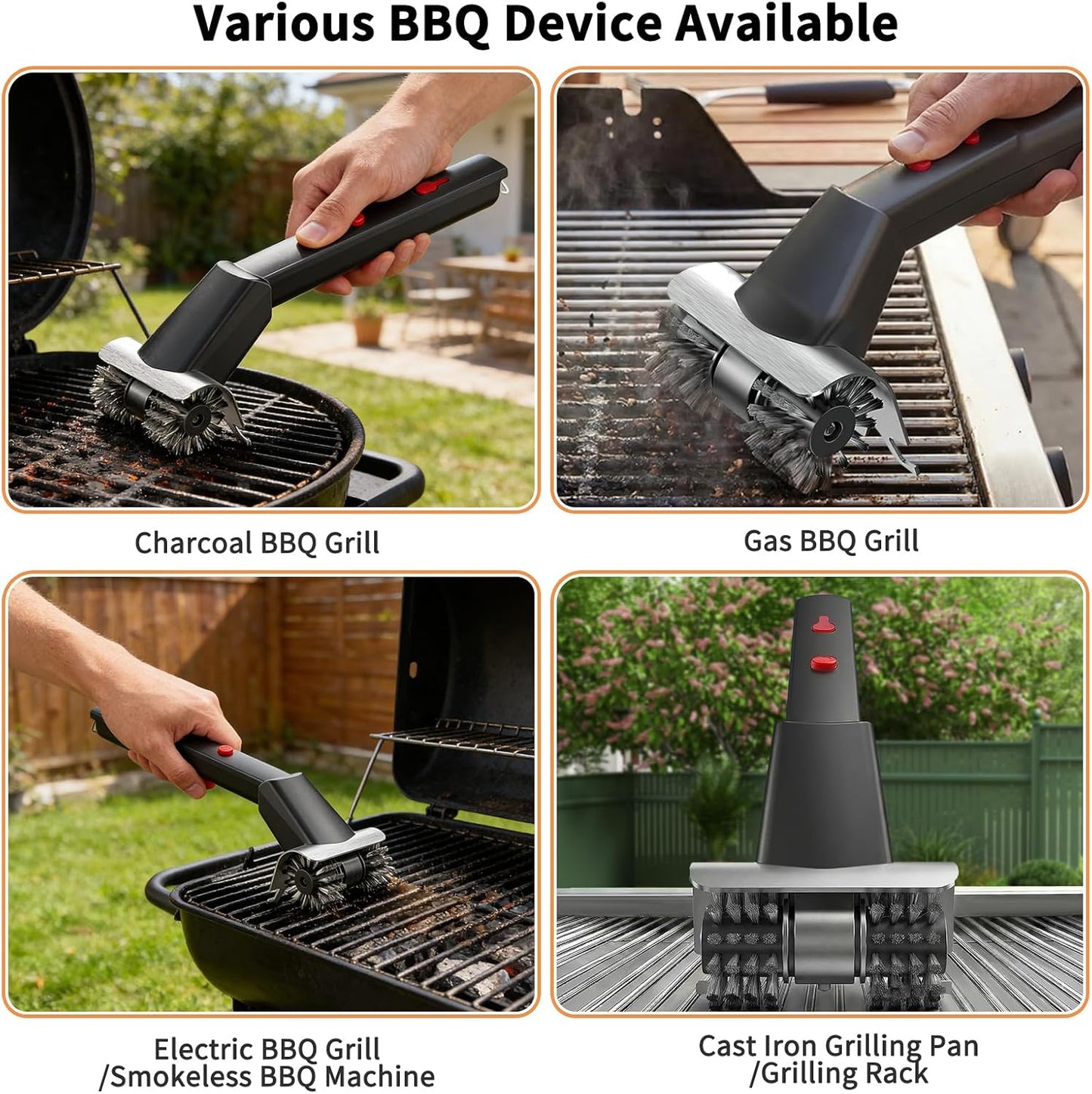 Cordless Electric Grill Brush for Outdoor - Waterproof BBQ Grill Cleaner with Lights Water Spray - Grill Cleaning Brush for Burnt-On Grease&BBQ Grates, 90-Min Runtime, 2 Stainless Heads Refill