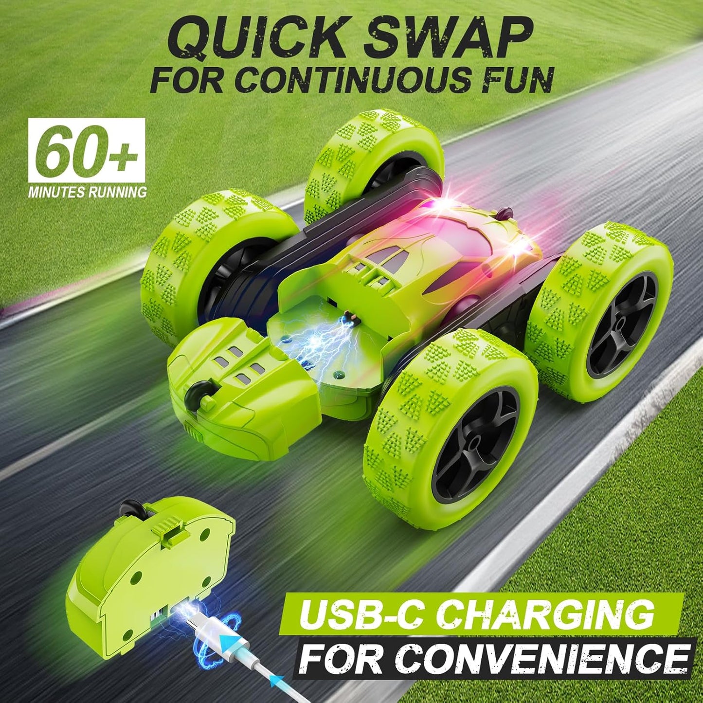 QUNREDA Remote Control Car for Kids Ages 6+, RC Cars Stunt Car Toy 4WD Double Sided 360° Rotating Remote Control with Headlights, Birthday Xmas Gifts for Boys 6 7 8 9 10 11 12 1-Blue