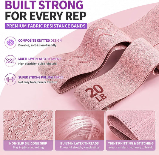 Fabric Resistance Bands Set for Women & Men, 4 Pack Workout Booty Bands | 4 Resistance Levels Exercise Bands, Built in Silicone Non-Slip, For Glutes, Legs, Squats, Yoga, Pilates and Strength Training