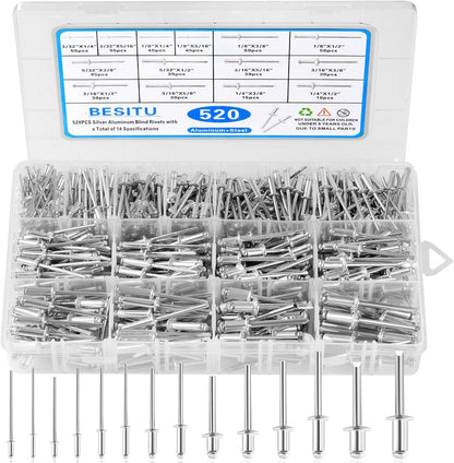 Besitu 210Pcs Pop Rivets Assortment Kit, 1/8" 3/16" 1/4" Large Flange Solid Rivets Set Aluminum Grip Stainless Steel Mandrel Blind Rivets for Metal Heavy Duty