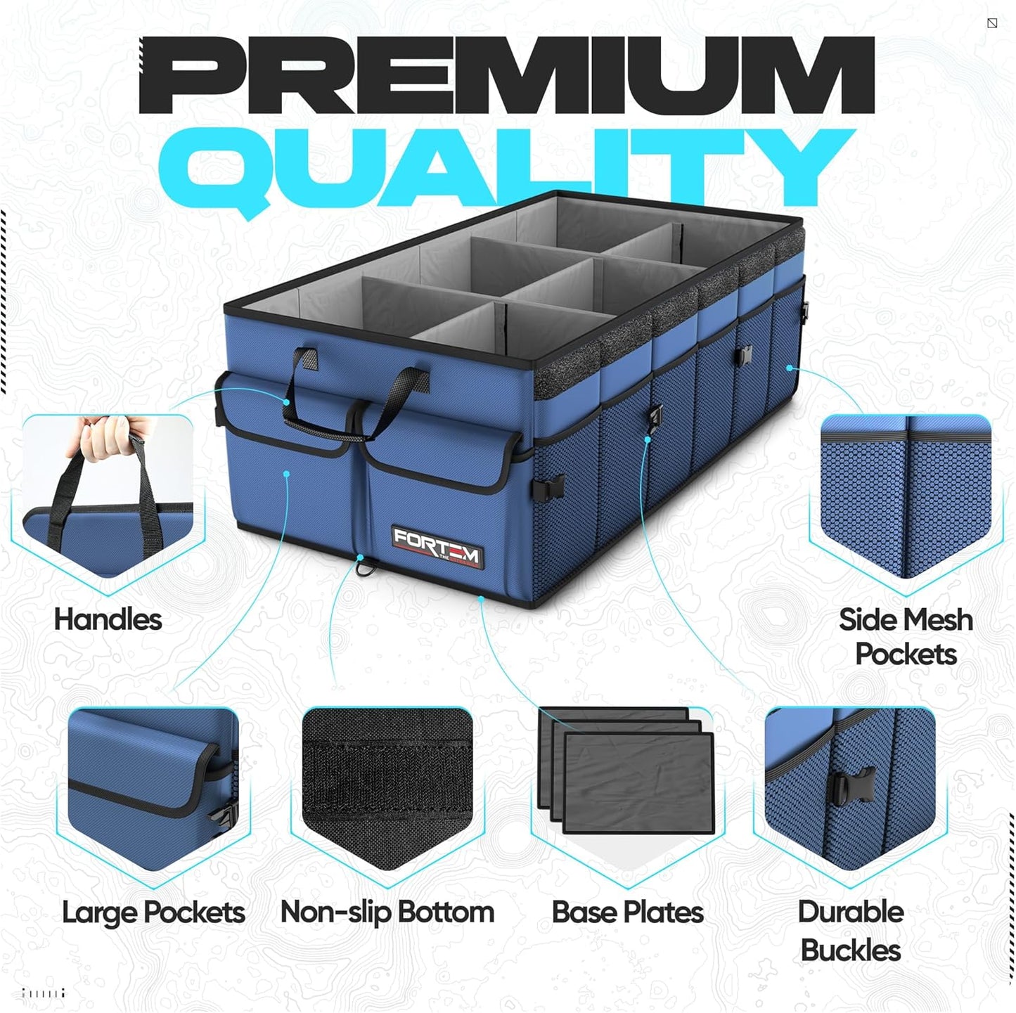 FORTEM Car Trunk Organizer, Collapsible Multi Compartment Car Organizer, Foldable SUV Storage for Car Accessories for Women Men, Non Slip Bottom, Securing Straps, Soft Cover 50L (Black, Standard)
