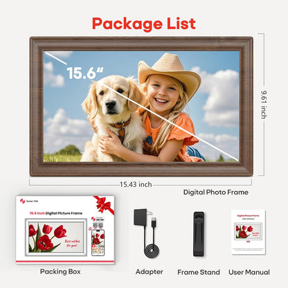 64GB 15.6" Frameo Digital Picture Frame WiFi, Large Electronic Photo Frames 1920 x 1080 IPS FHD Touch Screen, Send Photos from Your Phone from Anywhere, Best Gifts for Family and Friends Brown Wood
