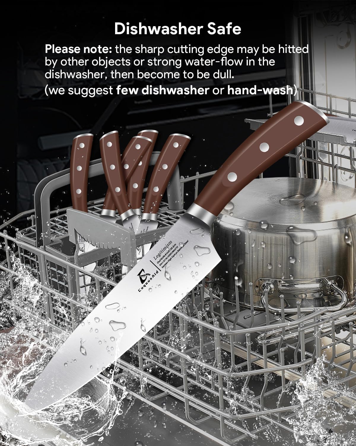 Knife Set with Block, Kitchen Chef Knives Set with Sharpener, Stainless Steel Knife Block Set, 6 Pcs Steak Knife Set Serrated, German Dishwasher Safe, Beveled Design Brown 15 Pieces
