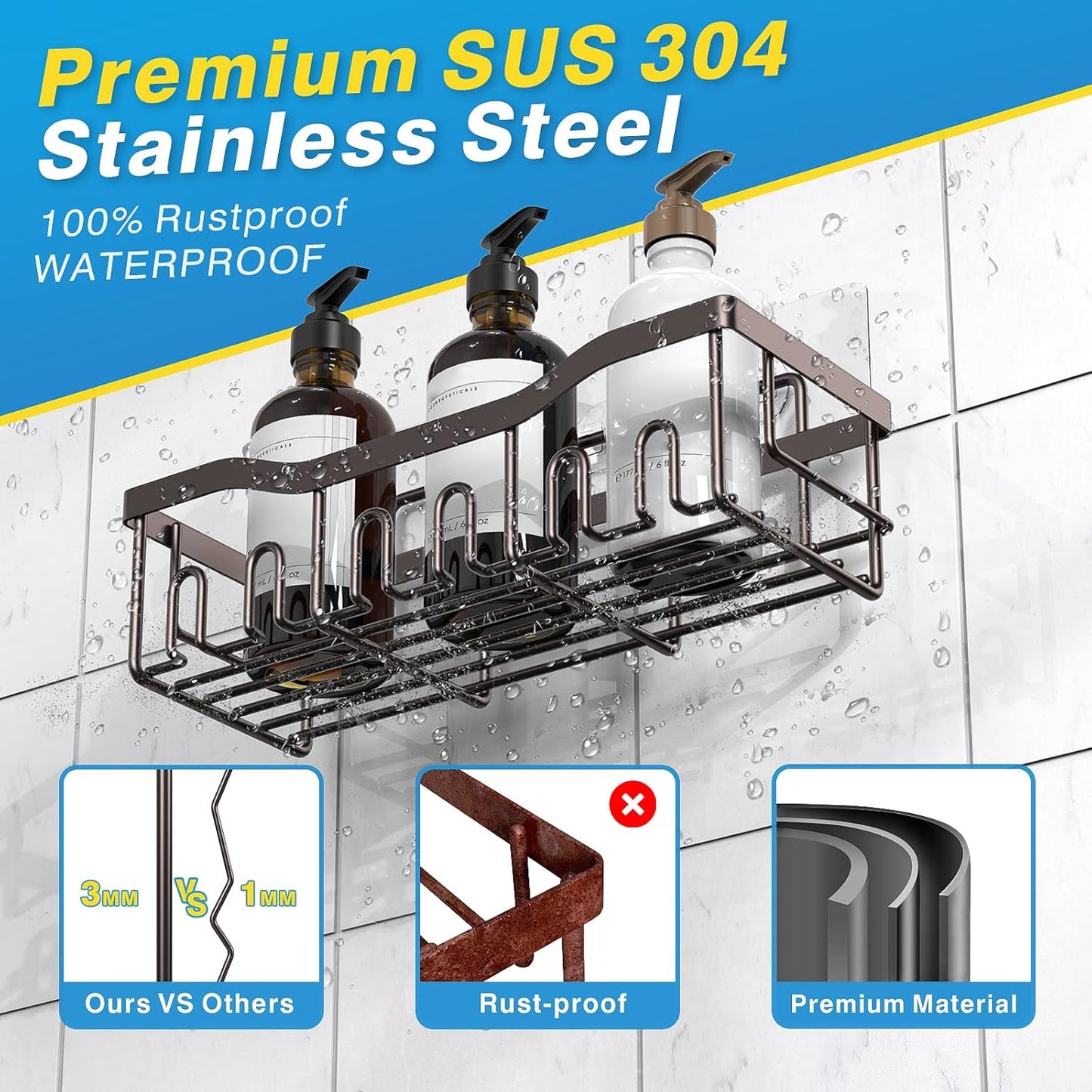 EUDELE 5-Pack Rustproof Stainless Steel Shower Caddy – No Drill Adhesive Bathroom Organizer with Large Capacity, Spacious Shower Shelves for Inside Shower, Kitchen & Home Decor Storage