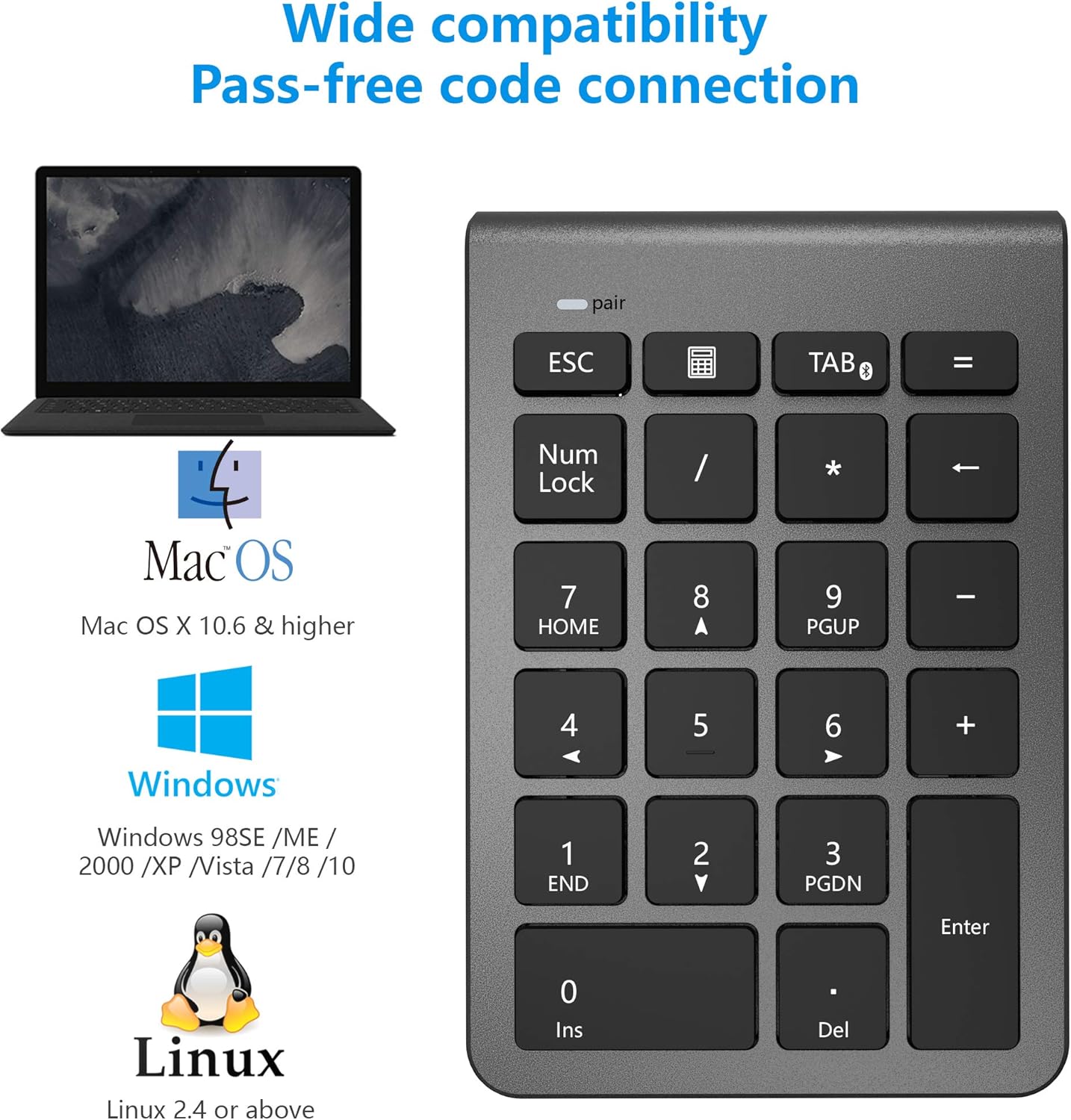 Cateck Bluetooth Numeric Keypad, Portable Wireless Bluetooth 22 Keys Number Pad Keyboard with Multiple Shortcuts for Computer/Notebook/Laptop/Desktop/Tablet, Cool Gray
