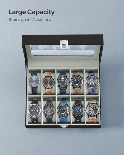 SONGMICS Watch Box, 6-Slot Watch Case, Watch Box Organizer, Black Synthetic Leather, Greenish Gray Lining UJWB06BK