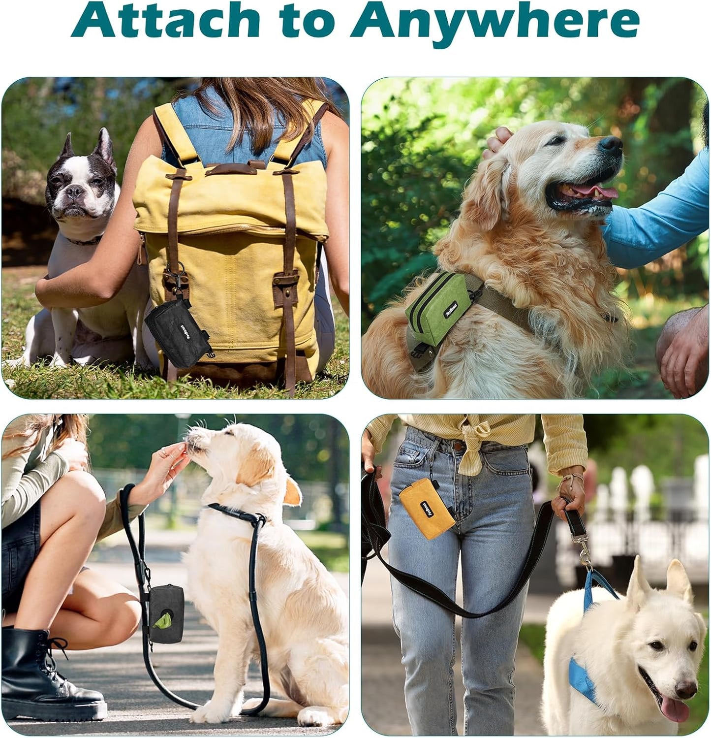 PetBonus Waterproof Dog Poop Bag Holder for leashes, Portable Pet Waste Bag Dispenser, 2 Pouches for Treat Holder and Walking Accessories, Fit All Leashes, Includes 1 Roll of Dog Poop Bags (Green)