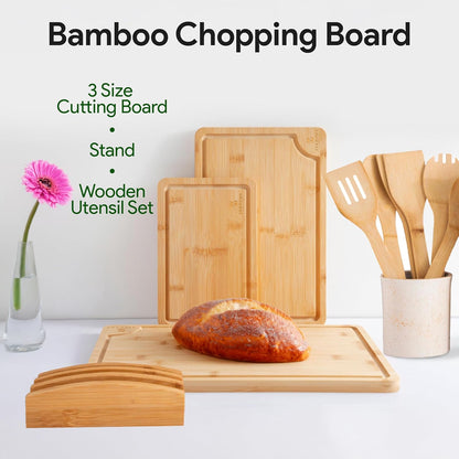 Bamboo Cutting Board Set – Wooden Cutting Board Set with Utensil and Stand – Chopping Board for Kitchen – Usable for Cheese, Meat, Chicken and Vegetables
