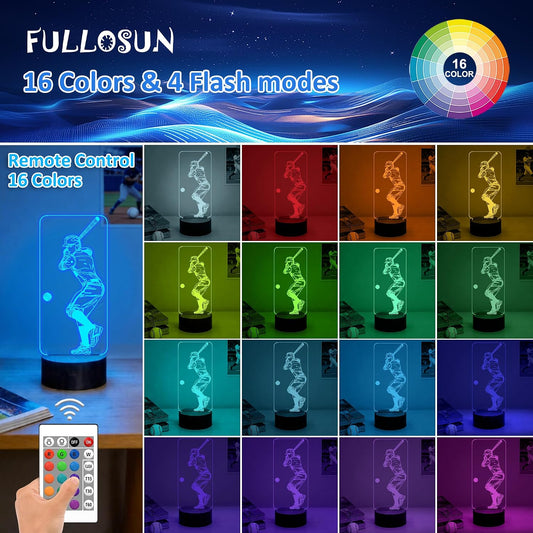 Baseball 3D Night Light, FULLOSUN Illusion Optical Bedside Lamp with Remote Control 16 Colors Changing, LED Cool Novelty Birthday Gift for Boy Kid Outdoor Sports Lover Collection Present