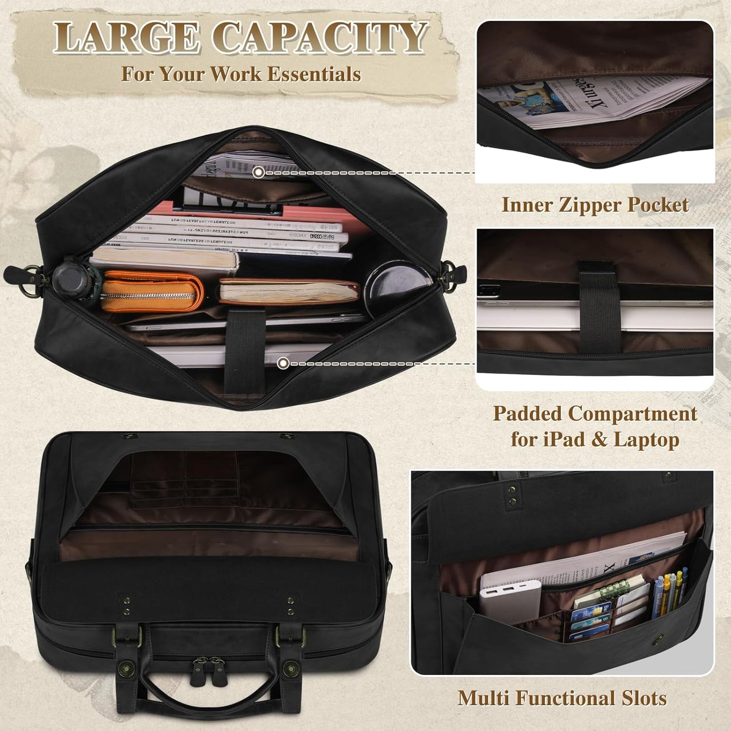 RAINSMORE Messenger Bag for Men 16 Inch Laptop Bag Vintage Leather Waterproof Laptop Briefcases Large Computer Satchel Bag - PuriLite
