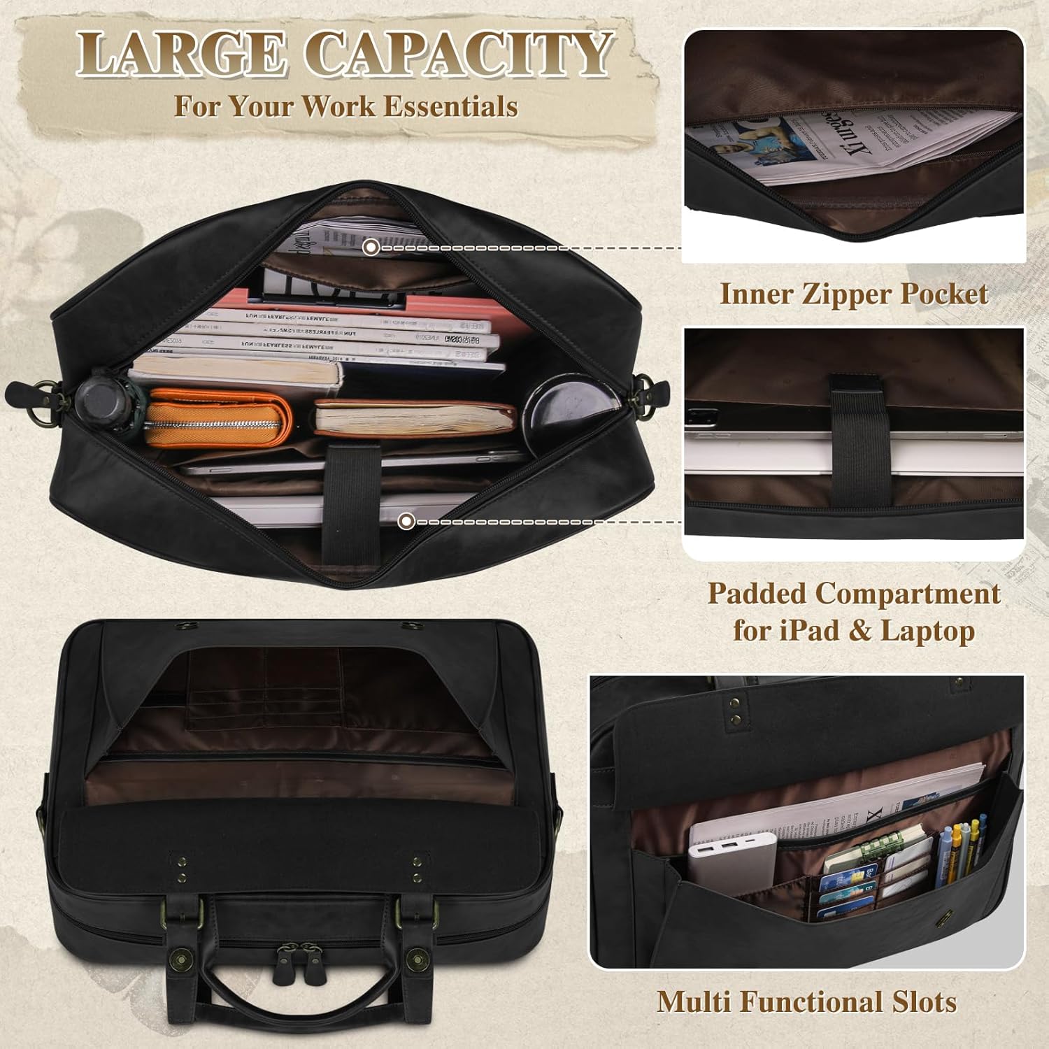 RAINSMORE Messenger Bag for Men 16 Inch Laptop Bag Vintage Leather Waterproof Laptop Briefcases Large Computer Satchel Bag - PuriLite