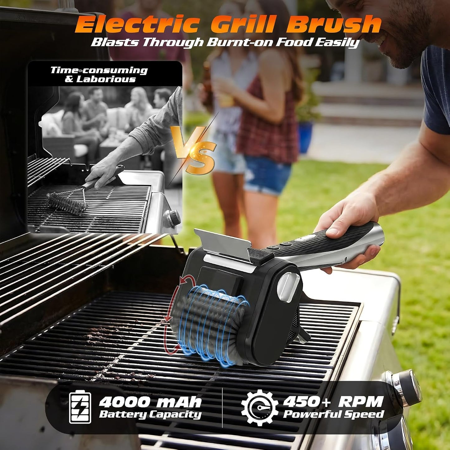 Electric Grill Brush with LED Light, Efficient Grill Cleaning Brush with 350 RPM Stainless Power Roller, Grill Brush Bristle Free Blasts Away Burnt-On Food for Gas/Charbroil Grates (Black)
