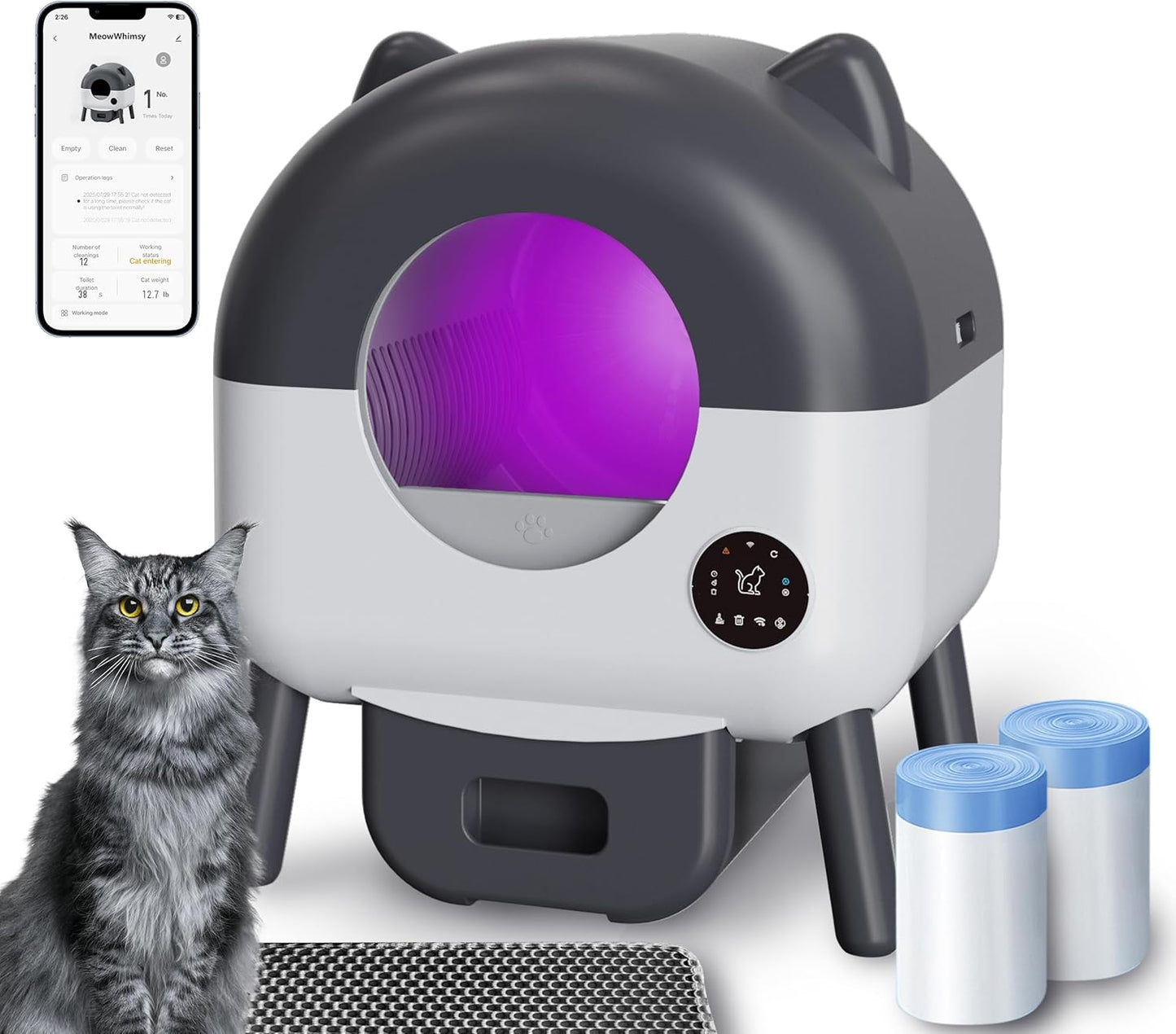 Self-Cleaning Cat Litter Box, Extra Large 110L Automatic Litter Box, App Control-No Scoop, Odor-Free, Large Electric Kitty Litter-Boxes for Multi-Cat, Includes Mat, 2 Garbage Bags