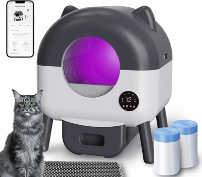 Self-Cleaning Cat Litter Box, Extra Large 110L Automatic Litter Box, App Control-No Scoop, Odor-Free, Large Electric Kitty Litter-Boxes for Multi-Cat, Includes Mat, 2 Garbage Bags