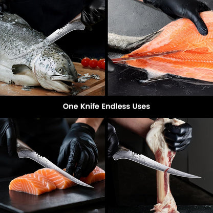 SYOKAMI Fillet Knife, Razor Sharp 7.2 Inch Boning Knife, High Carbon Stainless Steel Filet Knives with High Flexibility, Wooden Handle, Full Tang Damascus Pattern Fish Knives, Ideal for Gifting