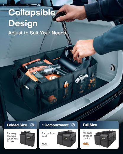 HOTOR Trunk Organizer - Car Organizer, Foldable Trunk organizer for SUVs & Sedans, Car Accessories, Tools, Sundries, 2 Compartments, Black