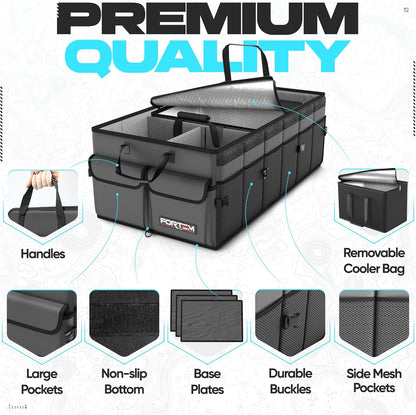 FORTEM Car Trunk Organizer, Collapsible Multi Compartment Car Organizer, Foldable SUV Storage for Car Accessories for Women Men, Non Slip Bottom, Securing Straps, Soft Cover 50L (Black, Standard)