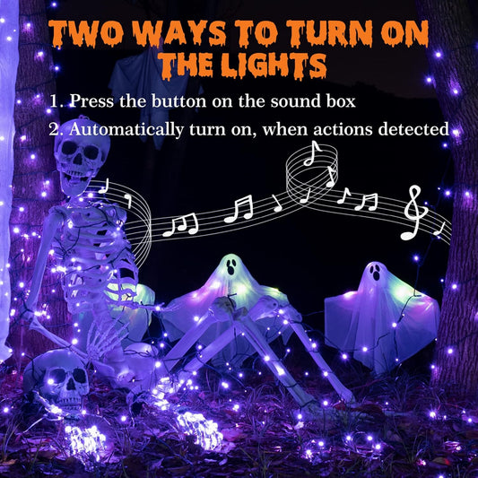Rotu Halloween Lights Outdoor 114.8 ft 300 LED String Lights with Music Sync Spooky Sounds Halloween Decorations Fairy Lights Indoor Waterproof for Yard Porch Haunted House Decor (Purple) - PuriLite