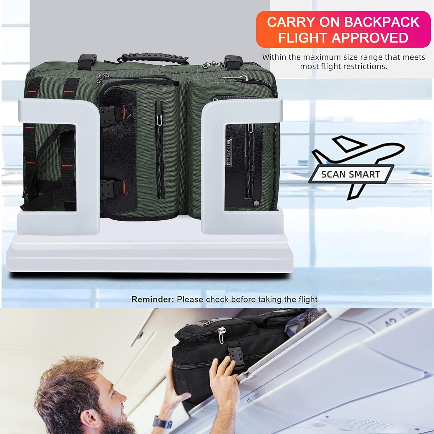 WITZMAN Carry On Travel Backpack for Men Duffle Bags Fit for 17 Inch Laptop Airline Approved Laptop Backpack