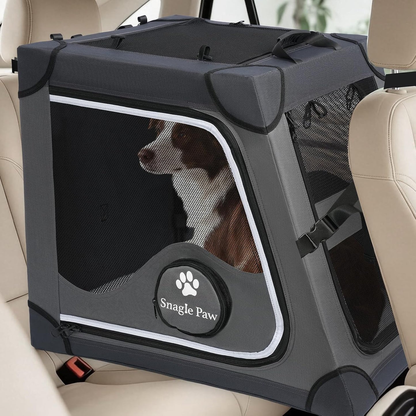 Snagle Paw Portable Dog Crate for Car Travel,Metal Frame Pet Crate,Pet Carrier for Car Back Seat Secures with Headrest Strap and Seatbelt,M