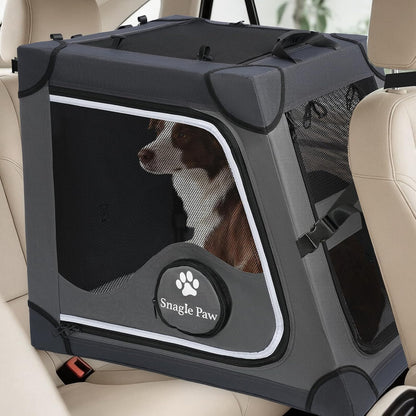 Snagle Paw Portable Dog Crate for Car Travel,Metal Frame Pet Crate,Pet Carrier for Car Back Seat Secures with Headrest Strap and Seatbelt,M