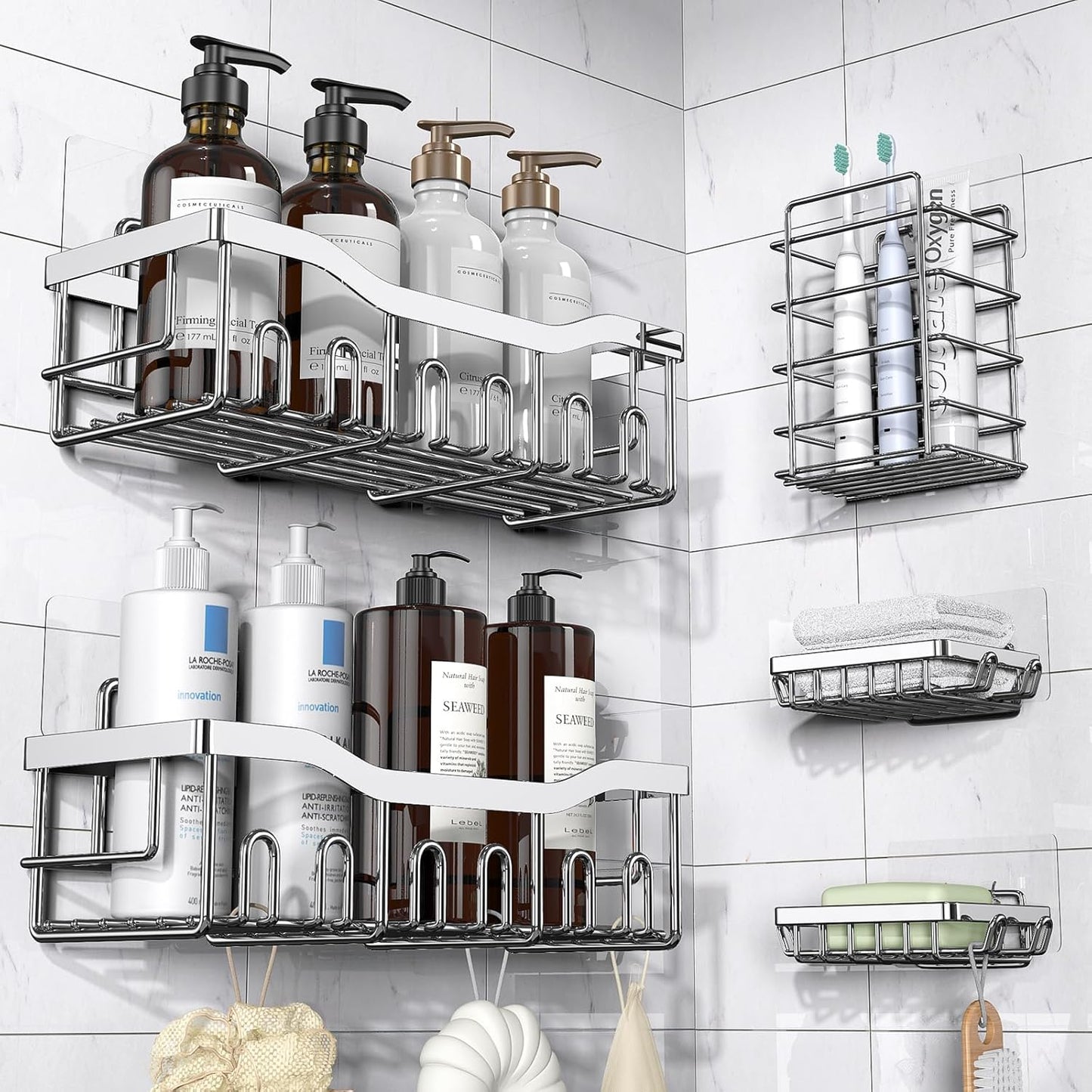 EUDELE 5-Pack Rustproof Stainless Steel Shower Caddy – No Drill Adhesive Bathroom Organizer with Large Capacity, Spacious Shower Shelves for Inside Shower, Kitchen & Home Decor Storage