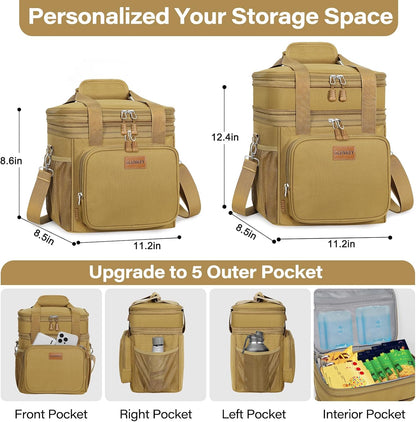 Expandable Large Lunch Bag, Double Deck Insulated Lunch Box Leakproof Durable Soft Cooler Bag for Men Women Adults Work Construction Beach Picnic Daytrip,16L,Black, GLENKEY