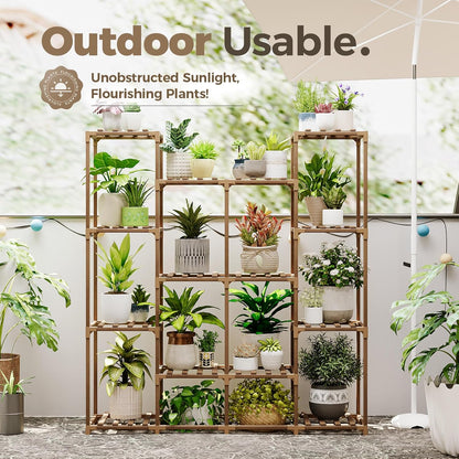 Bamworld Plant Stand Indoor Outdoor Hanging Plant Shelf for Multiple Plants Pots Wood Flower Stand Tall Large Flower Holder for Living Room, Patio, Balcony, Garden Decor, Brown