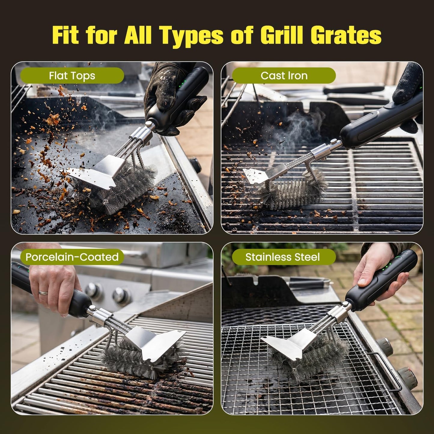 2026 Upgraded Electric Grill Brush: Cordless BBQ Cleaner with 2-Speed Powerful Motor, Reciprocating Clean, Reaches Grill Grate Sides & Corners, 20kg High-Torque Electric BBQ Brush with LED Light