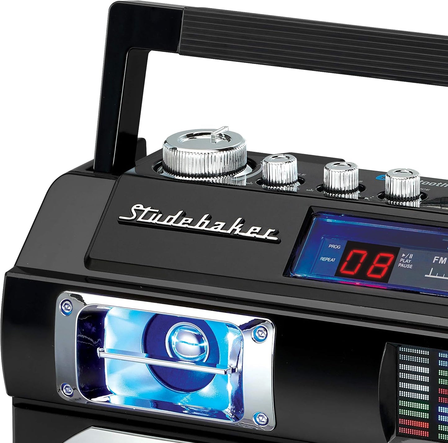 Studebaker SB2145S 80's Retro Street Bluetooth Boombox with FM Radio, CD Player, LED EQ, 10 Watts RMS and AC/DC in Silver