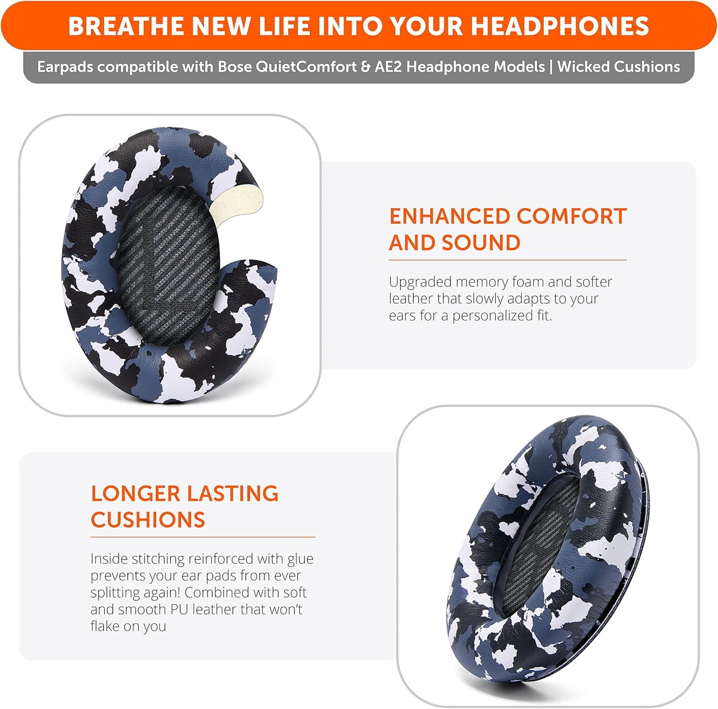 WC Wicked Cushions Upgraded Replacement Ear Pads for Bose QC35 & QC35ii (QuietComfort 35) Headphones & More - Softer Leather, Luxurious Memory Foam, Added Thickness, Extra Durability | Midnight Blue