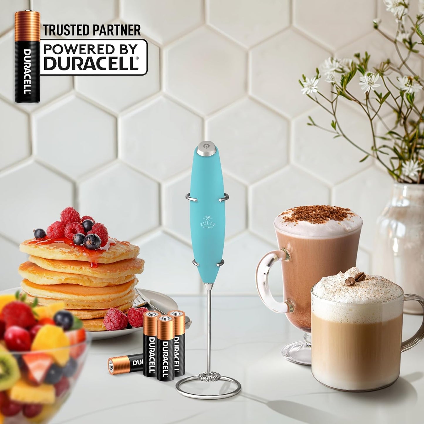 Zulay Kitchen Powerful Double Whisk Milk Frother Handheld - Foam Maker with Stand - Whisk Drink Mixer for Coffee, Mini Foamer for Latte, Matcha, Frappe, Hot Chocolate & Cappuccino (Black)