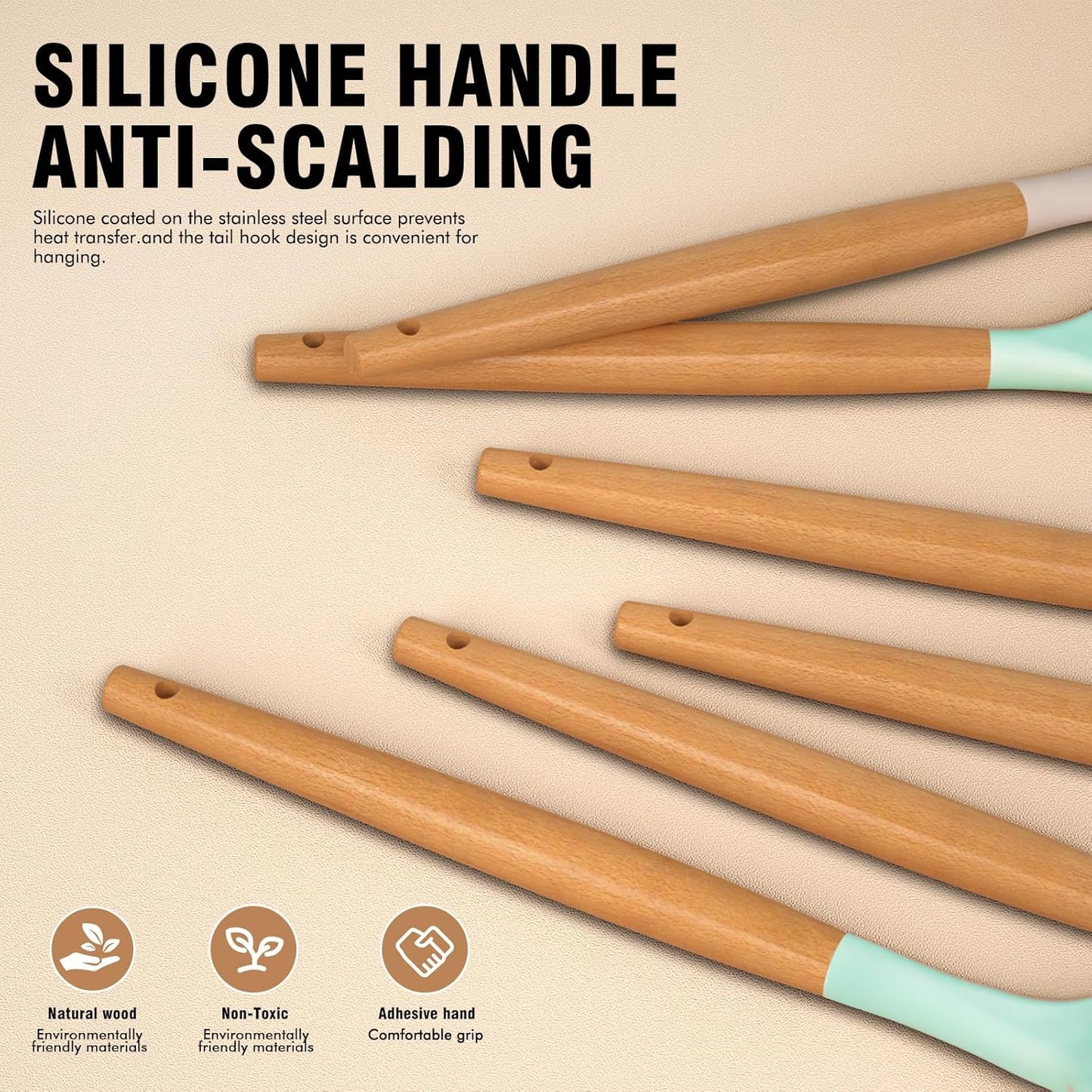 Silicone Cooking Utensils Set - Silicone Kitchen Utensils for Cooking Wooden Handles, 446°F Heat Resistant Kitchen Utensil Spatula Sets w Holder, Gadgets for Non-Stick Cookware BPA Free (Black)