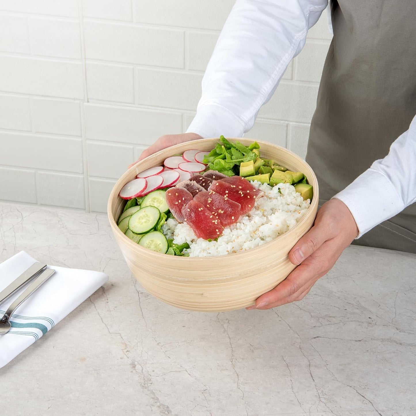 Restaurantware-Bambuddha 51 Ounce Extra Large Salad Bowl, 1 Heavy-Duty Round Salad Bowl - Sustainable, Reusable, Blue Bamboo Serving Dish, for Serving Salads, Fruits, and Appetizers