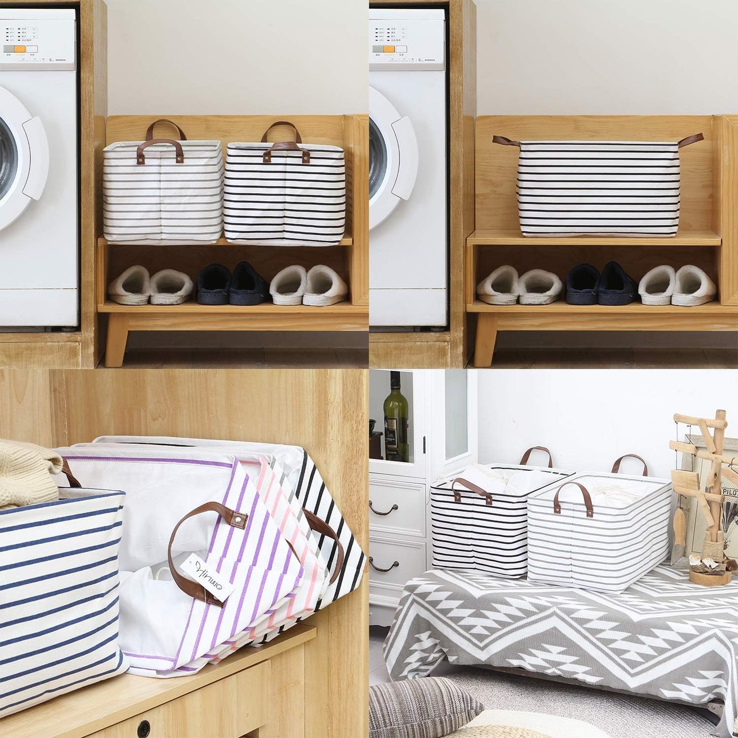 Hinwo 6-Pack Small Canvas Fabric Storage Baskets Set with Handles, Open Storage Bins, Cube Storage Organizer, Shelf Organizer Bins for Closet, 7.9L, 12 x 8 x 5 Inches, Grey Stripe