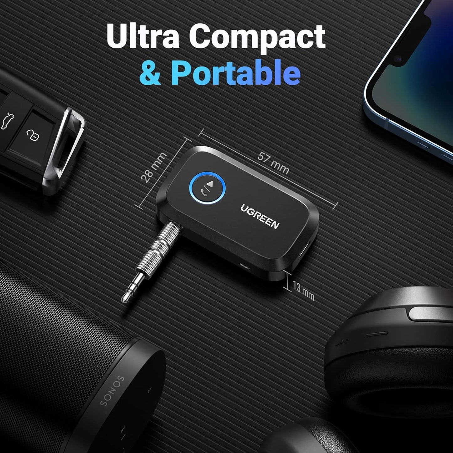 UGREEN Bluetooth 5.3 Receiver for Car, Aux to Bluetooth Adapter 3.5mm Jack, Crystal Clear Sound, Built-in Mic for Hands-Free Calls, 15H Battery Life, Compatible with Car Speaker Home Stereo Amplifier