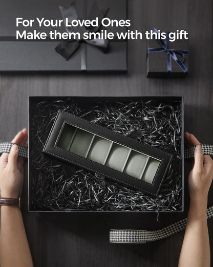 SONGMICS Watch Box, 6-Slot Watch Case, Watch Box Organizer, Black Synthetic Leather, Greenish Gray Lining UJWB06BK