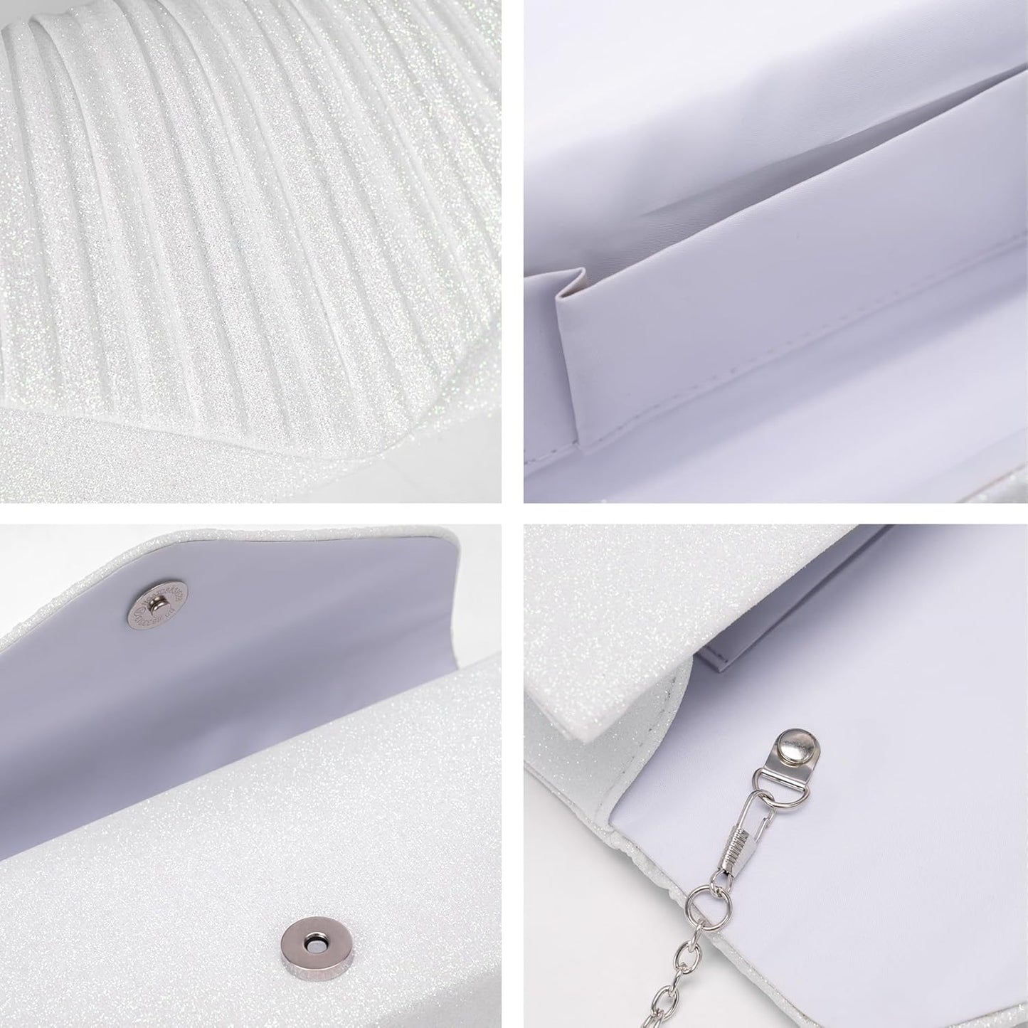 Larcenciel White Clutch Purse for Women, Elegant Pleated Evening Bags with Chain Strap, Sparkly Green Sequin Envelope Clutch Bag, Formal Shoulder Handbag for Wedding, Party, Prom, Cocktail, Date Night