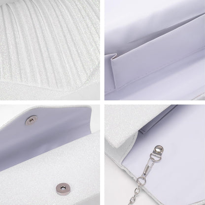 Larcenciel White Clutch Purse for Women, Elegant Pleated Evening Bags with Chain Strap, Sparkly Green Sequin Envelope Clutch Bag, Formal Shoulder Handbag for Wedding, Party, Prom, Cocktail, Date Night