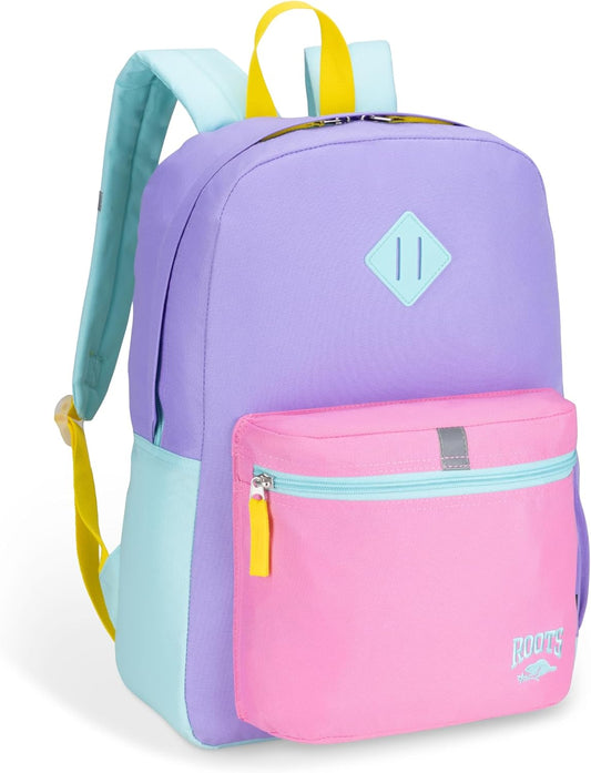 Roots Kids Lightweight Backpack — Made from 100% Recycled Fabrics with Rain Flap, Bottle Pocket, Reflective Accent, and Back Padding — 22.5 litres, Pink & Purple